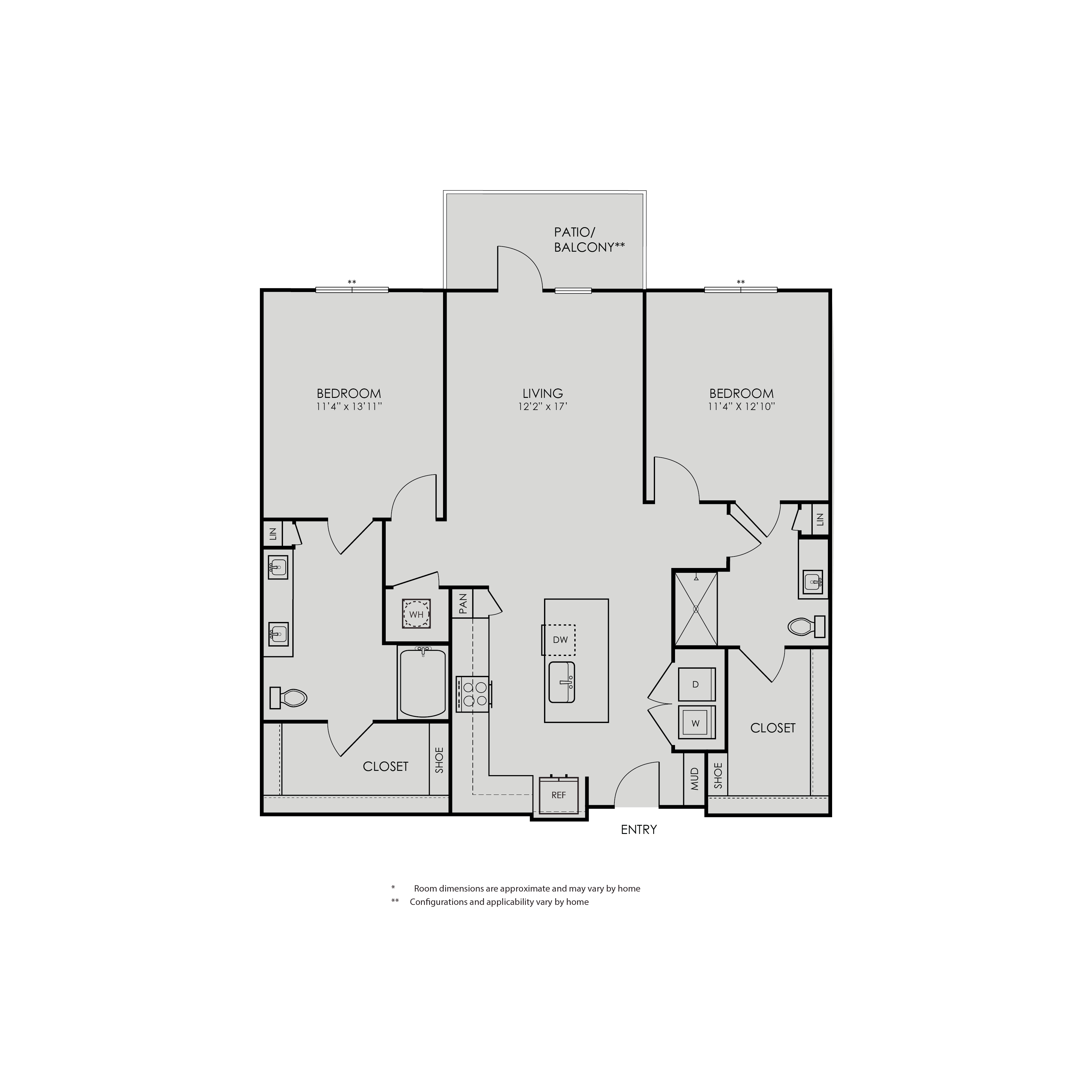 Floor plan for 2 beds, 2 baths, 1186 sqft